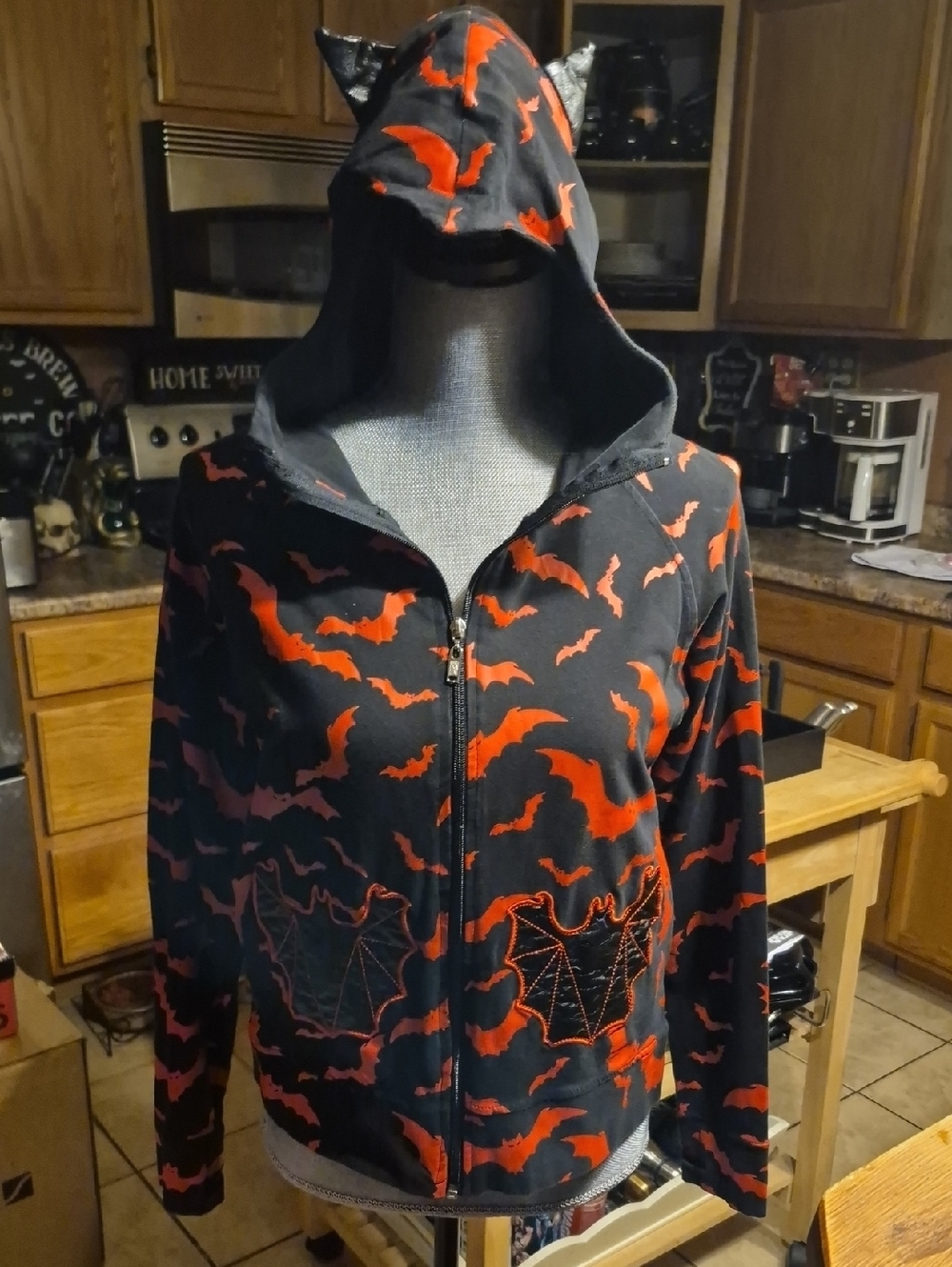 Black Zip Hoodie with Red Bat Print